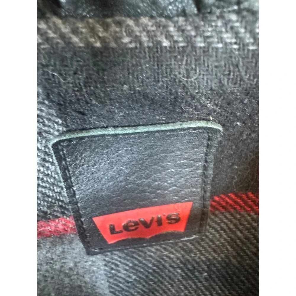 Levis Mens Genuine Leather Cafe Jacket Black Plaid Lined Full Zip Epaulettes XXL